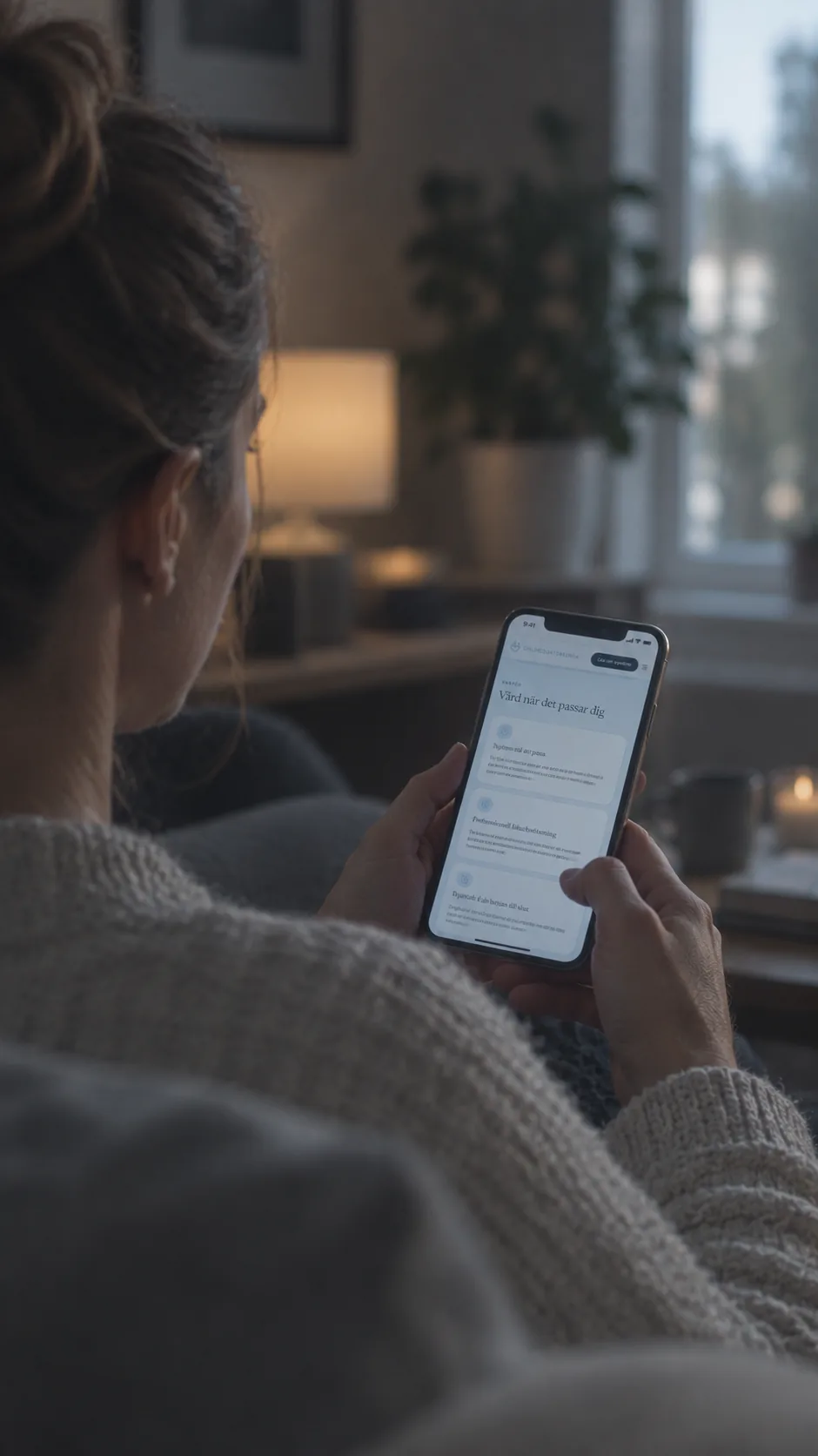 Person som söker vård hemmifrån i mobilen på kvällen