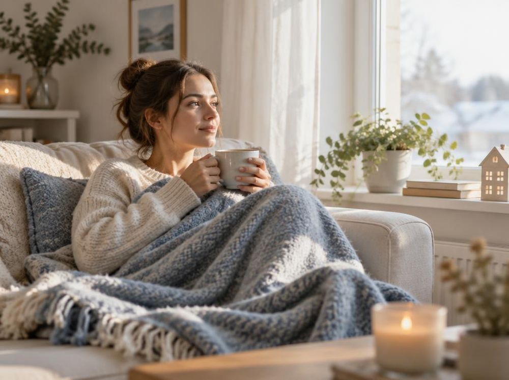 Person som vilar hemma med en varm kopp te